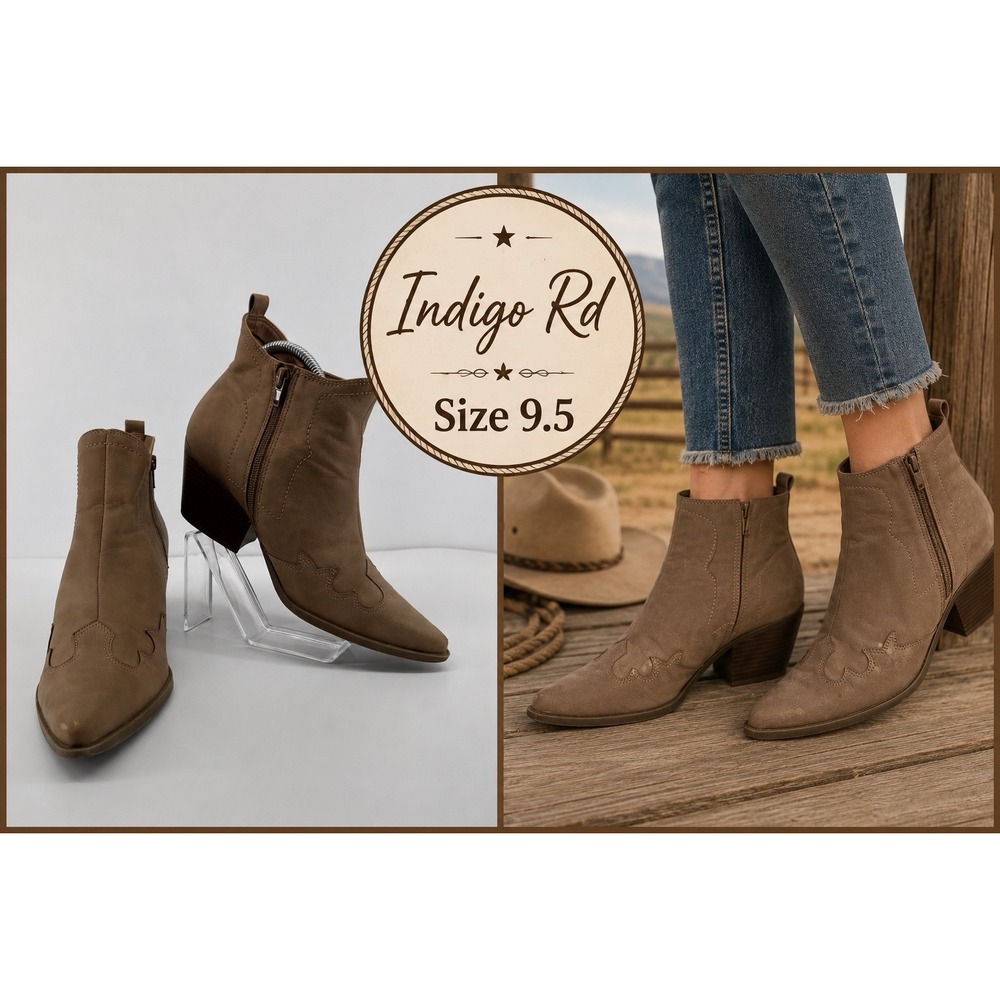 Indigo Rd Western Chic Ankle Boots Tan Faux Leather Stacked Heel Pointed Toe 9.5